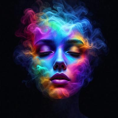 The primary subject of the image is a woman with a colorful, rainbow-colored face. The setting is a dark background, which contrasts with the vibrant colors of the woman's face. The visual style is a combination of photo and digital art, creating a unique and artistic representation of the woman. The colors and mood of the image are lively and energetic, with the woman's face being the main focus and source of visual interest.